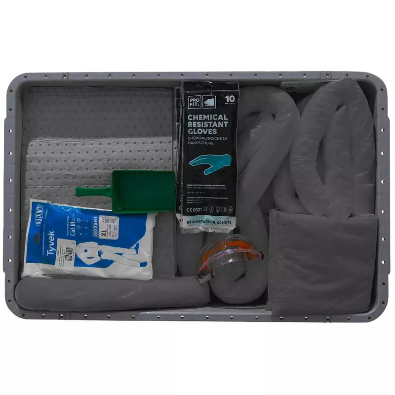 Kit d'urgence DENIOS Densorb dans une boîte à couvercle avec roulettes, version universelle 