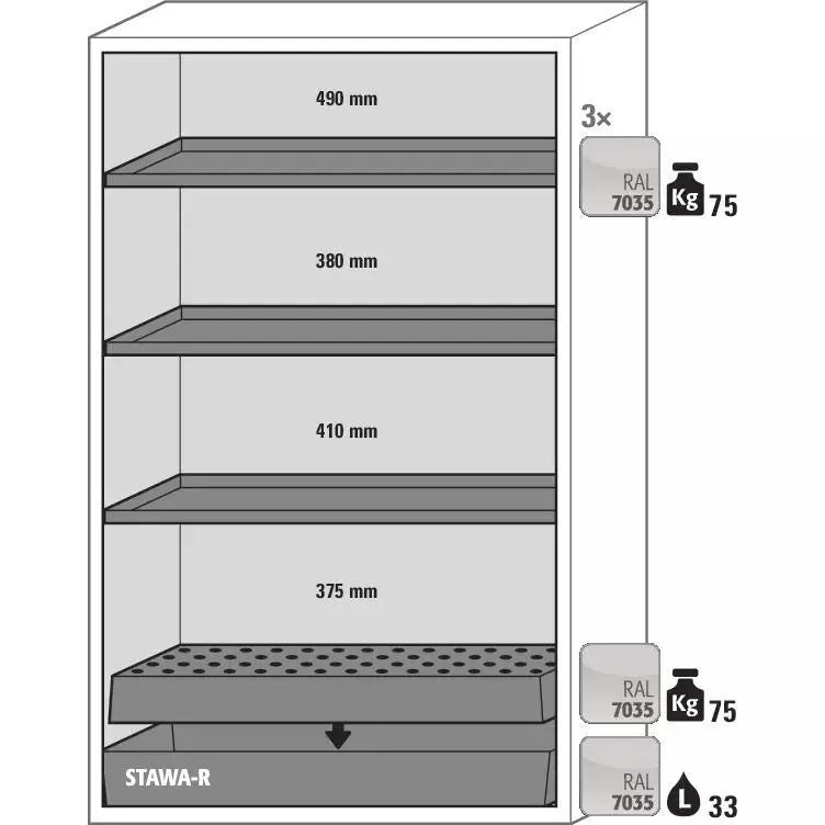 DENIOS brandwerende kast voor gevaarlijke stoffen Gf 1201 "One Touch", 3 legplanken, grijs 