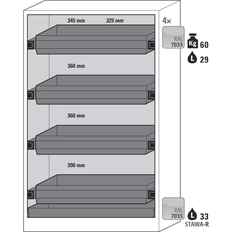 Armoire coupe-feu pour produits dangereux DENIOS Asecos Select W-124f, 4 plateaux coulissants, portes pliantes jaune 