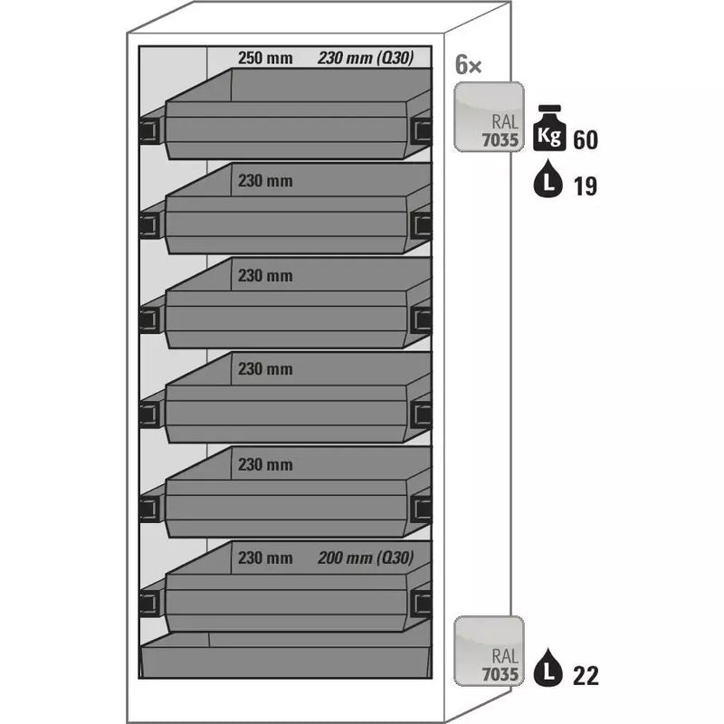 Armoire pour matières dangereuses DENIOS Asecos Basis-line, 6 plateaux coulissants, porte vitrée, anthracite/gris type 30-96, 