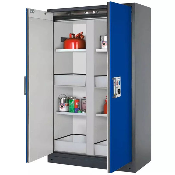 DENIOS Asecos Feuerbeständiger Gefahrstoffschrank Select, Mittelwand, Mit Einlegeböden, Bodenwannen, Blau