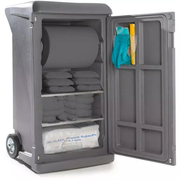 Kit d'urgence mobile DENIOS Densorb, liant dans un caddy gris XL, version universelle avec granulés 