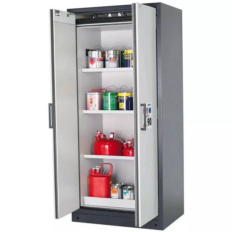 DENIOS Asecos Feuerbeständiger Gefahrstoffschrank Select W-93-o "One Touch", 3 Einlegeböden, Türen Grau