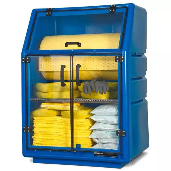 Armoire de sécurité DENIOS Densorb en PE, avec rouleau de non-tissé absorbant, version spéciale, avec portes transparentes 