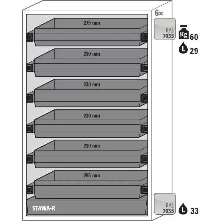 Armoire coupe-feu pour produits dangereux DENIOS Asecos Edition-g, 6 plateaux coulissants, portes battantes, gris, L 1196 mm 