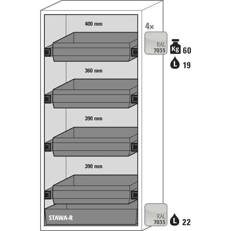 DENIOS Asecos Feuerbeständiger Gefahrstoffschrank Edition-g, 4 Auszugswannen, Flügeltüren, Grau