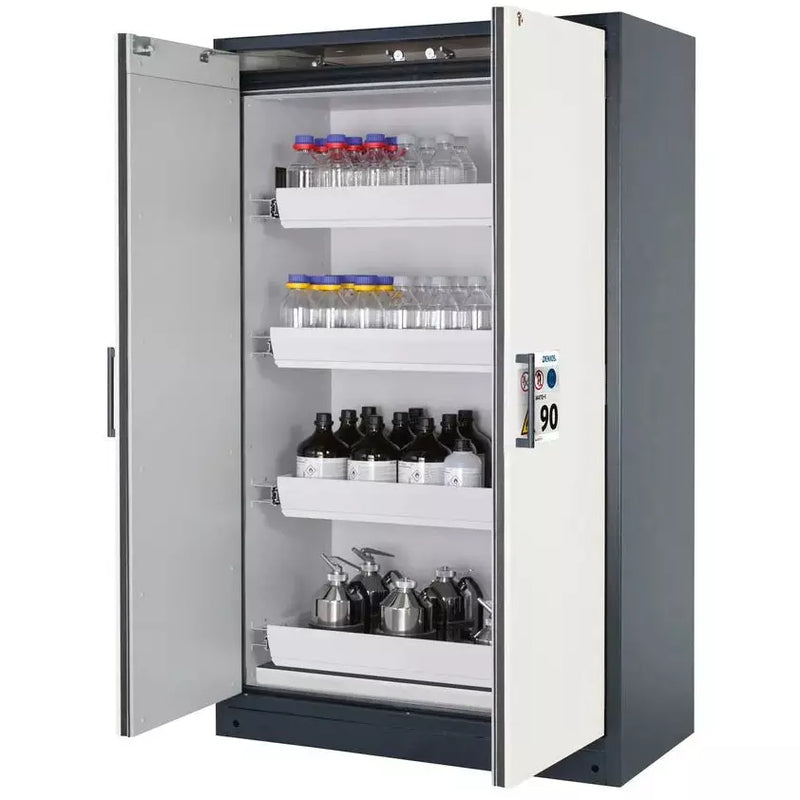 DENIOS Asecos brandwerende kast voor gevaarlijke stoffen Select W-124-o "One Touch", 4 uittrekbare laden, witte deuren 