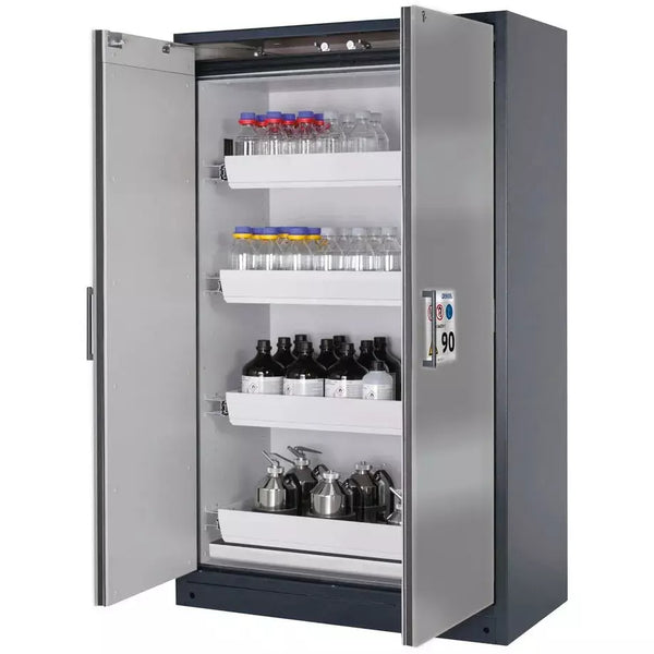 DENIOS Asecos Feuerbeständiger Gefahrstoffschrank Select W-124-o "One Touch", 4 Auszugswannen, Türen Silber