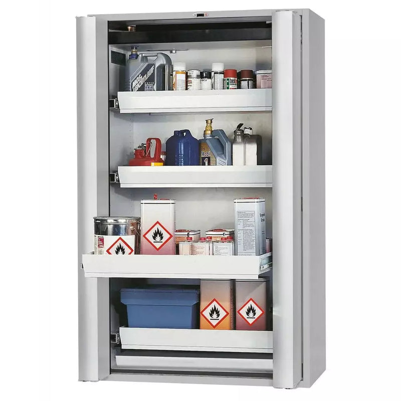 Armoire coupe-feu pour produits dangereux DENIOS Asecos Gf 1201.4 "One Touch", 4 plateaux coulissants, gris 