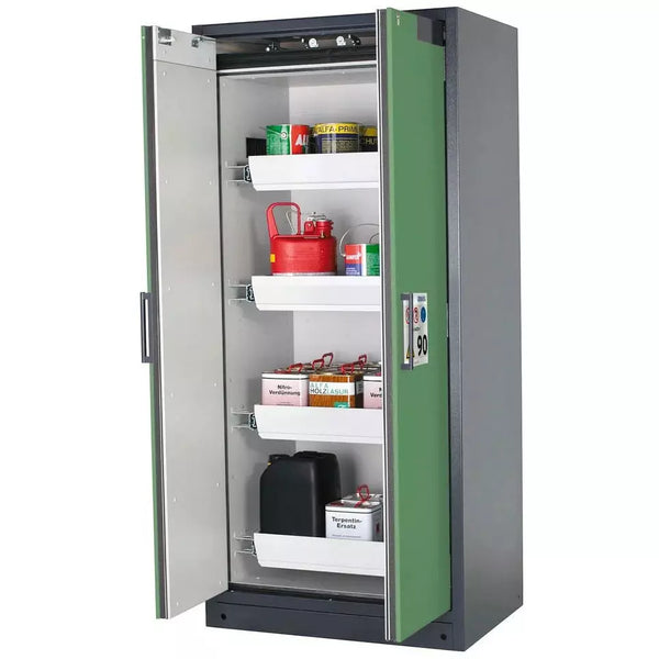 DENIOS Asecos Feuerbeständiger Gefahrstoffschrank Select W-94-o "One Touch", 4 Auszugswannen, Türen Grün