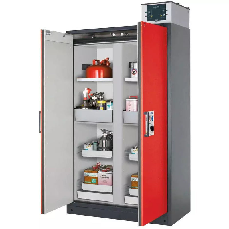 Armoire coupe-feu pour produits dangereux DENIOS Asecos Select, paroi centrale, avec étagères, plateaux coulissants, rouge 