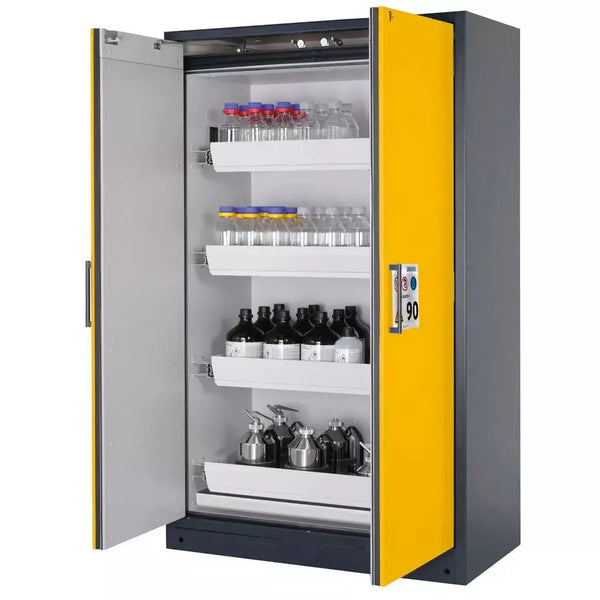 DENIOS Asecos Feuerbeständiger Gefahrstoffschrank Select W-124-o "One Touch", 4 Auszugswannen, Türen Gelb