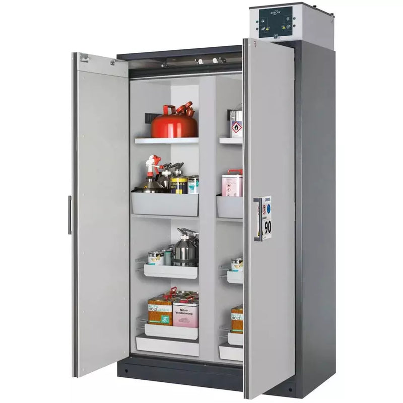 Armoire coupe-feu pour produits dangereux DENIOS Asecos Select, paroi centrale, avec étagères, plateaux coulissants, gris 