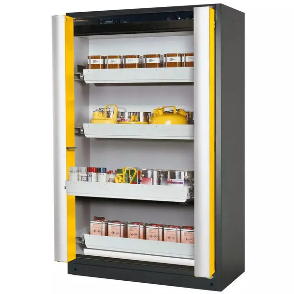 Armoire coupe-feu pour produits dangereux DENIOS Asecos Select W-124f, 4 plateaux coulissants, portes pliantes jaune 