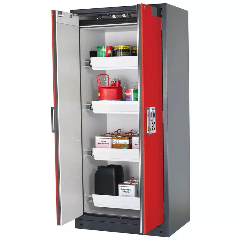 DENIOS Asecos Feuerbeständiger Gefahrstoffschrank Select W-94-o "One Touch", 4 Auszugswannen, Türen Rot