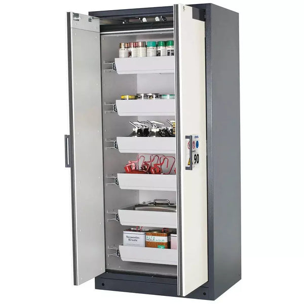 DENIOS Asecos Feuerbeständiger Gefahrstoffschrank Select W-96-o "One Touch", 6 Auszugswannen, Türen Weiss