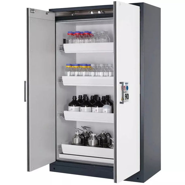 DENIOS Asecos Feuerbeständiger Gefahrstoffschrank Select W-124-o "One Touch", 4 Auszugswannen, Türen Weiss