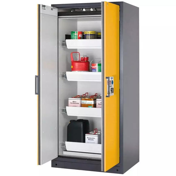 Armoire coupe-feu pour produits dangereux DENIOS Asecos Select W-94, 4 plateaux coulissants, portes jaunes 