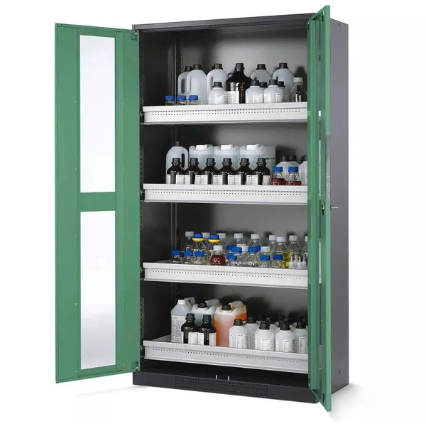 DENIOS Asecos Chemikalienschrank Systema-t Cs-104g, Korpus Anthrazit, Flügeltüren Grün, 4 Tablarauszüge