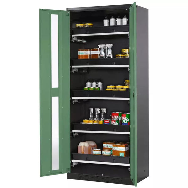 Armoire chimique DENIOS Asecos Systema-t Cs-85g, corps anthracite, portes battantes vertes, 5 tiroirs 