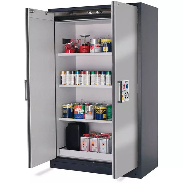 DENIOS Asecos Feuerbeständiger Gefahrstoffschrank Select W-123-o "One Touch", 3 Einlegeböden, Türen Silber