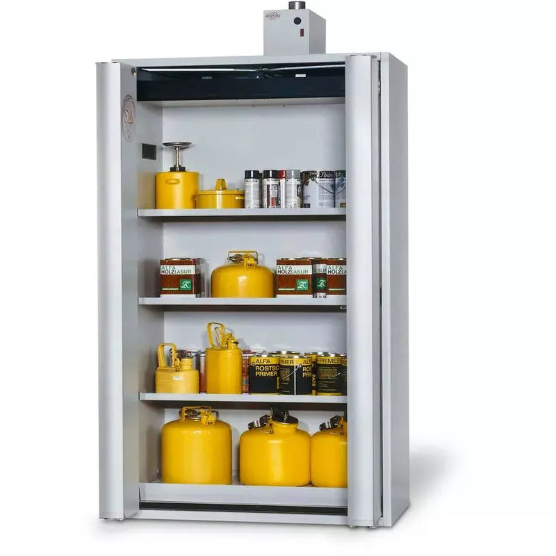 DENIOS Feuerbeständiger Gefahrstoffschrank Gf 1201 "One Touch", 3 Einlegeböden, Grau