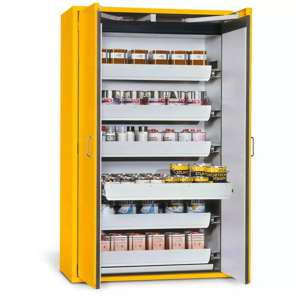 Armoire coupe-feu pour produits dangereux DENIOS Asecos Edition-g, 6 plateaux coulissants, portes battantes, jaune 