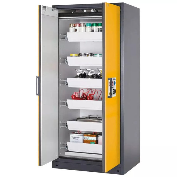 Armoire coupe-feu pour produits dangereux DENIOS Asecos Select W-96, 6 plateaux coulissants, portes jaunes 