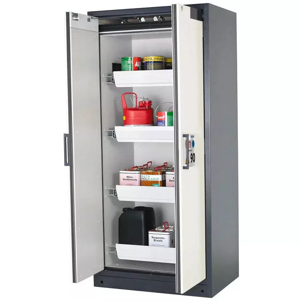 Armoire coupe-feu pour produits dangereux DENIOS Asecos Select W-94, 4 plateaux coulissants, portes blanches 