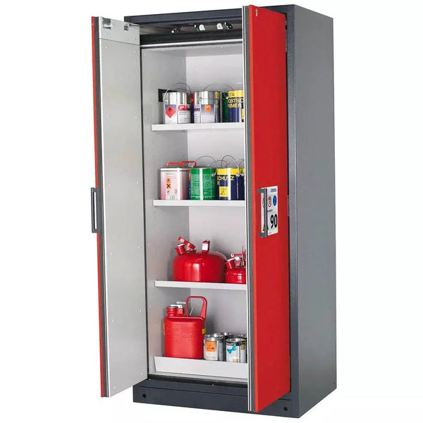 DENIOS Asecos Feuerbeständiger Gefahrstoffschrank Select W-93-o "One Touch", 3 Einlegeböden, Türen Rot