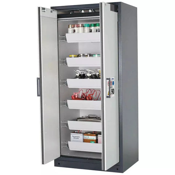 DENIOS Asecos Feuerbeständiger Gefahrstoffschrank Select W-96-o "One Touch", 6 Auszugswannen, Türen Grau