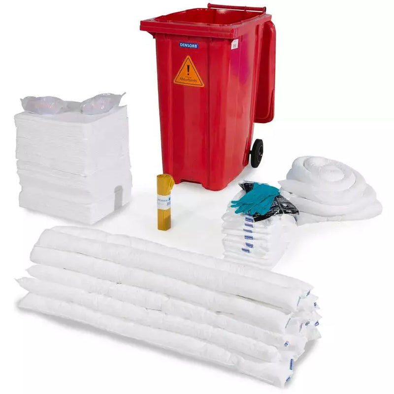 Kit d'urgence DENIOS Densorb, liant dans un conteneur à roulettes rouge B 36, version huile