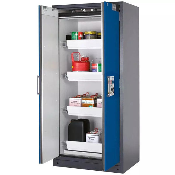 DENIOS Asecos Feuerbeständiger Gefahrstoffschrank Select W-94-o "One Touch", 4 Auszugswannen, Türen Blau