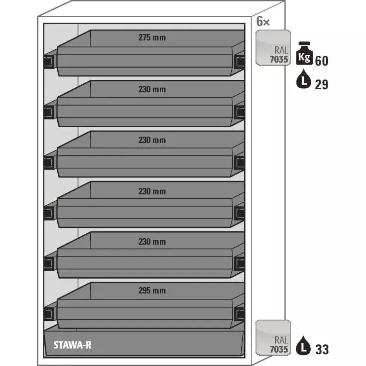 Armoire coupe-feu pour produits dangereux DENIOS Asecos Gf 1201.6 "One Touch", 6 plateaux coulissants, gris 