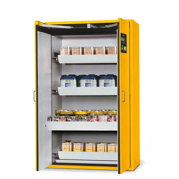 Armoire coupe-feu pour produits dangereux DENIOS Asecos Edition-g, 4 plateaux coulissants, jaune, type Ga 1200-4 