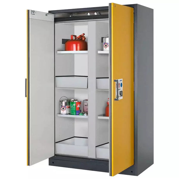 DENIOS Asecos Feuerbeständiger Gefahrstoffschrank Select, Mittelwand, Mit Einlegeböden, Bodenwannen, Gelb