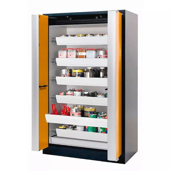 Armoire coupe-feu pour produits dangereux DENIOS Asecos Select W-126f, 6 plateaux coulissants, portes pliantes jaune 