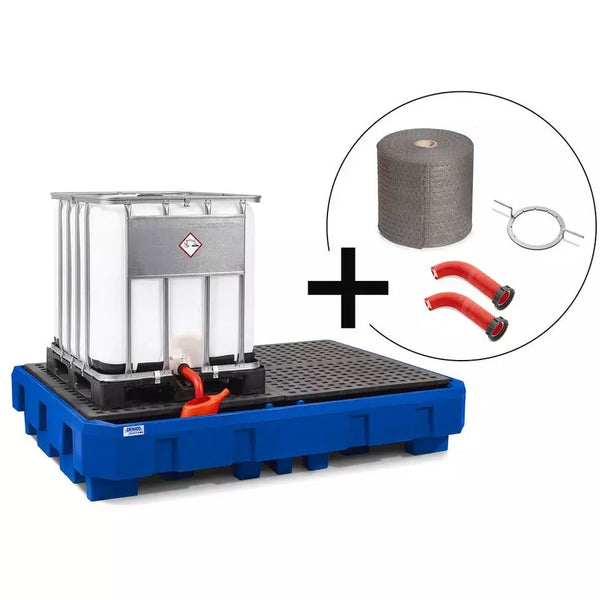 DENIOS Set Aus 2-ibc-pe-auffangwanne, 2 Auslaufverlängerungen, Ibc-deckel-öffner Und Bindevliesrolle