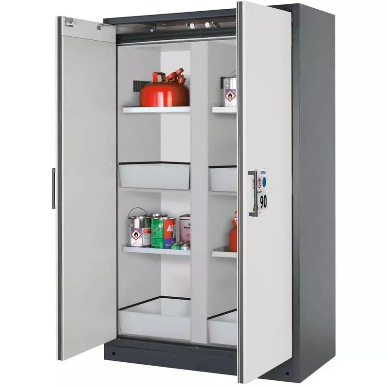 DENIOS Asecos Feuerbeständiger Gefahrstoffschrank Select, Mittelwand, Mit Einlegeböden, Bodenwannen, Weiss