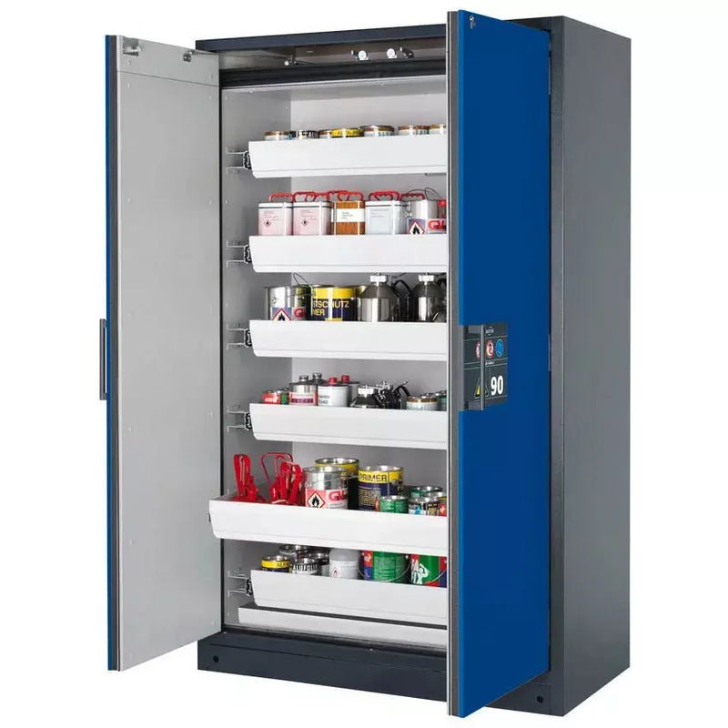 DENIOS Asecos Feuerbeständiger Gefahrstoffschrank Select W-126-o "One Touch", 6 Auszugswannen, Türen Blau