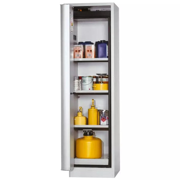 Armoire coupe-feu pour produits dangereux DENIOS Asecos "Touch-less", 6 plateaux coulissants, charnière de porte à gauche, grise 