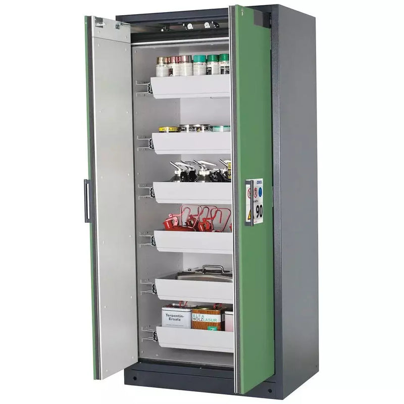 DENIOS Asecos Feuerbeständiger Gefahrstoffschrank Select W-96-o "One Touch", 6 Auszugswannen, Türen Grün