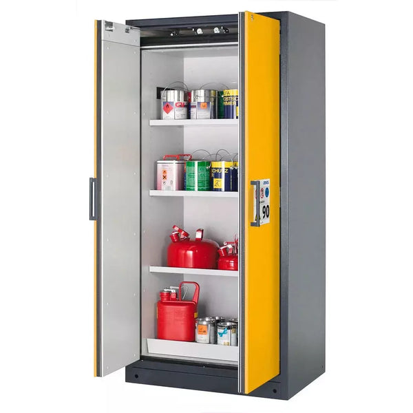 DENIOS Asecos Feuerbeständiger Gefahrstoffschrank Select W-93-o "One Touch", 3 Einlegeböden, Türen Gelb