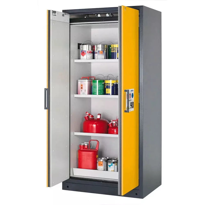 DENIOS Asecos Feuerbeständiger Gefahrstoffschrank Select W-93-o "One Touch", 3 Einlegeböden, Türen Gelb