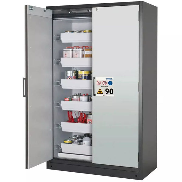 DENIOS Asecos Feuerbeständiger Gefahrstoffschrank Select W-126-o "One Touch", 6 Auszugswannen, Türen Grün