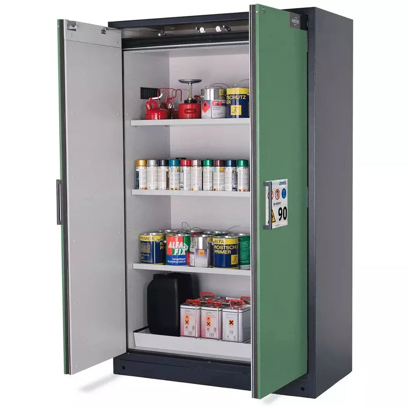 DENIOS Asecos brandwerende kast voor gevaarlijke stoffen Select W-123-o "One Touch", 3 legplanken, deuren groen 