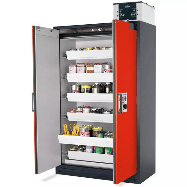 DENIOS Asecos brandwerende kast voor gevaarlijke stoffen Select W-126-o "One Touch", 6 uittrekbare laden, deuren rood 