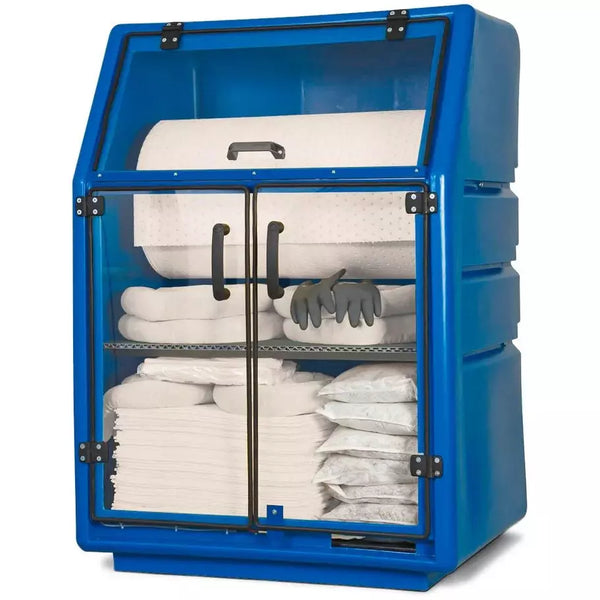 Kit d'urgence DENIOS Densorb dans une armoire de sécurité avec rouleau de non-tissé absorbant, version huile, avec portes transparentes 