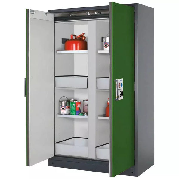 DENIOS Asecos Feuerbeständiger Gefahrstoffschrank Select, Mittelwand, Mit Einlegeböden, Bodenwannen, Grün