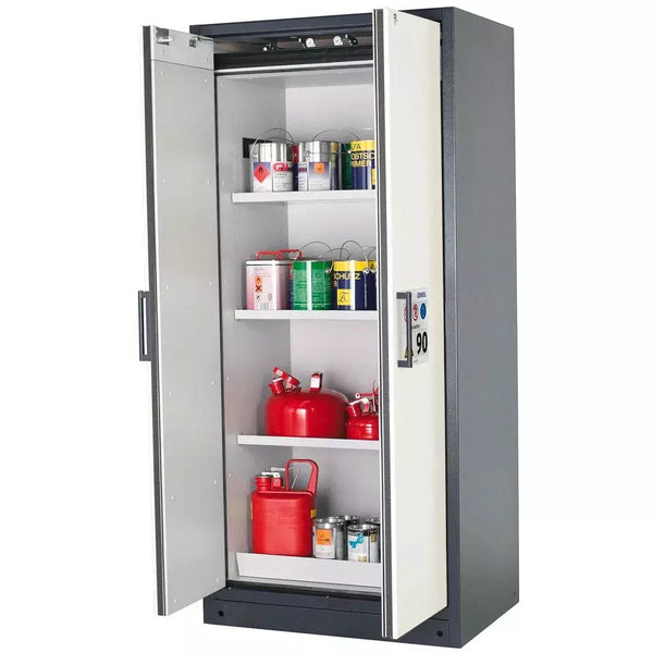 DENIOS Asecos Feuerbeständiger Gefahrstoffschrank Select W-93-o "One Touch", 3 Einlegeböden, Türen Weiss